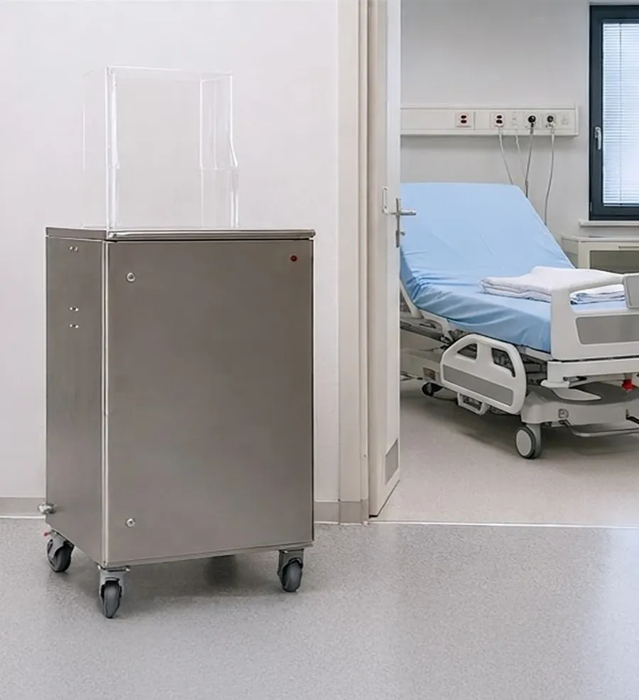 Filtration cabinet beside a hospital bed at Noordwest Ziekenhuisgroep