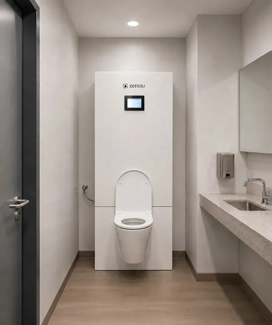RadiCatch toilet and filter cabinet installed in a patient bathroom