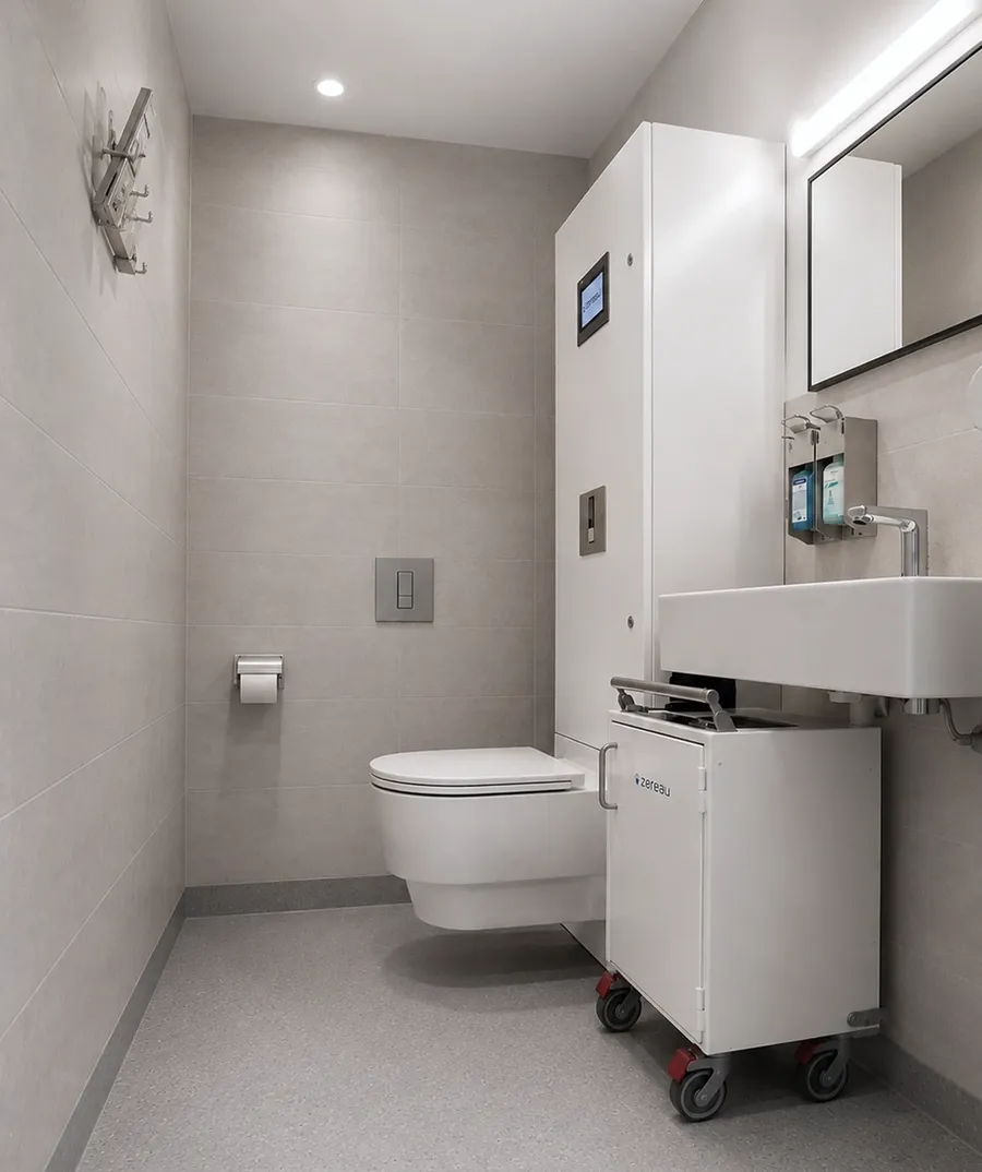 RadiCatch Urine FilterBOX on wheels beside a toilet and sink