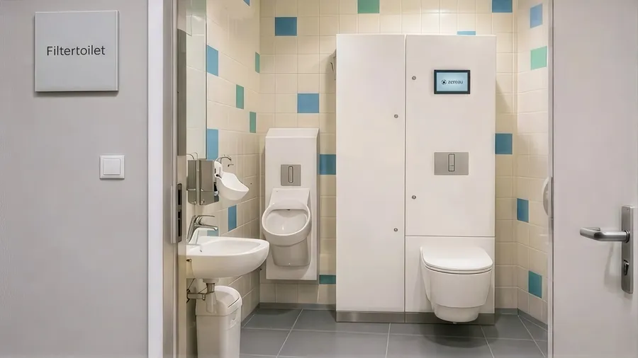 Salle de bains de radiologie avec un urinoir, un lavabo et des toilettes suspendues