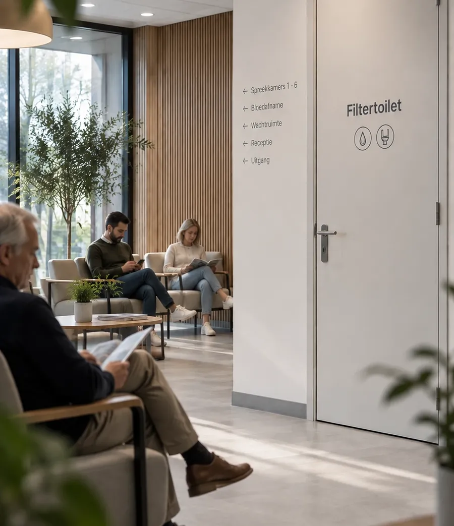Hospital waiting area beside a door marked Filtertoilet