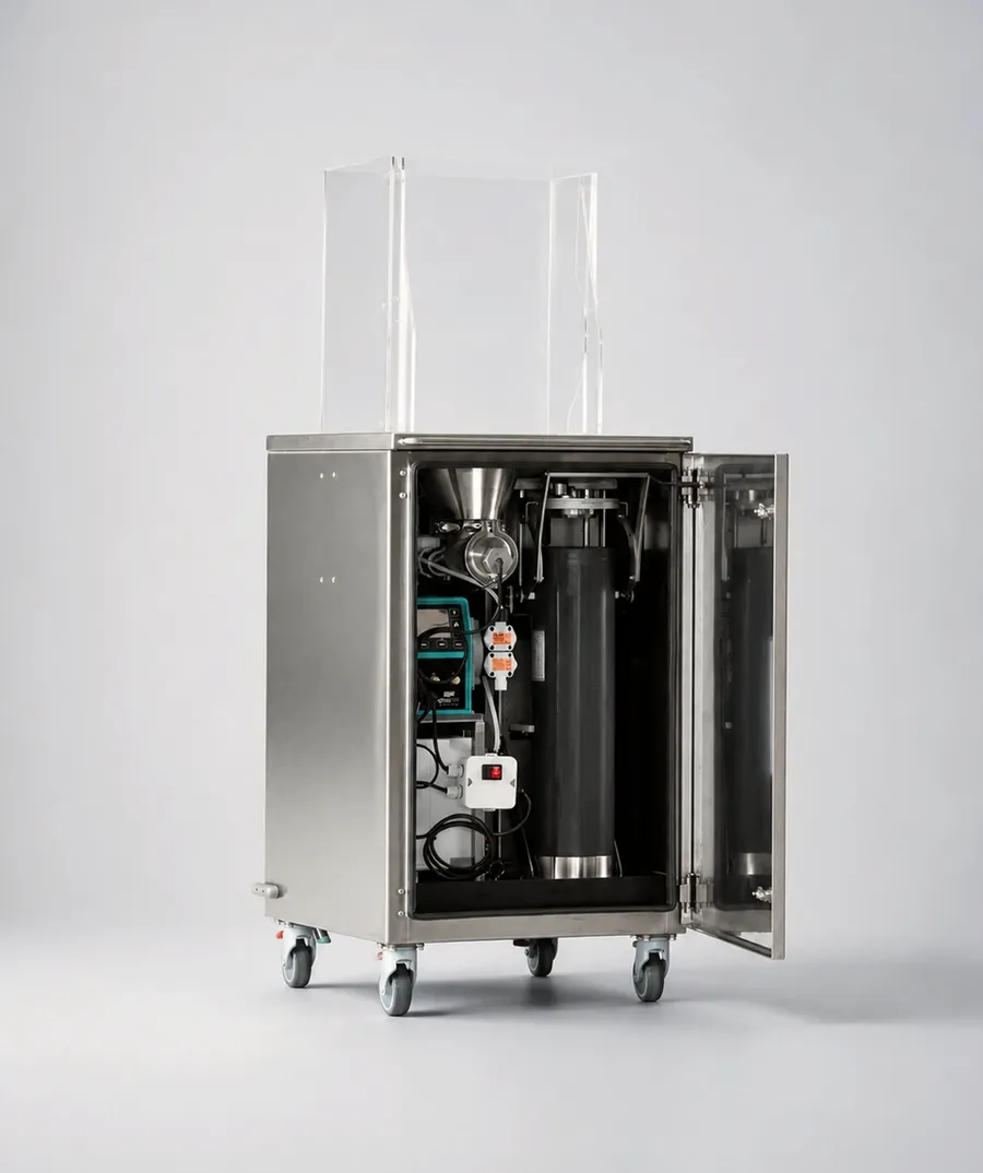 Mobile MediCatch filtration unit in a stainless steel cabinet for multiple hospital departments
