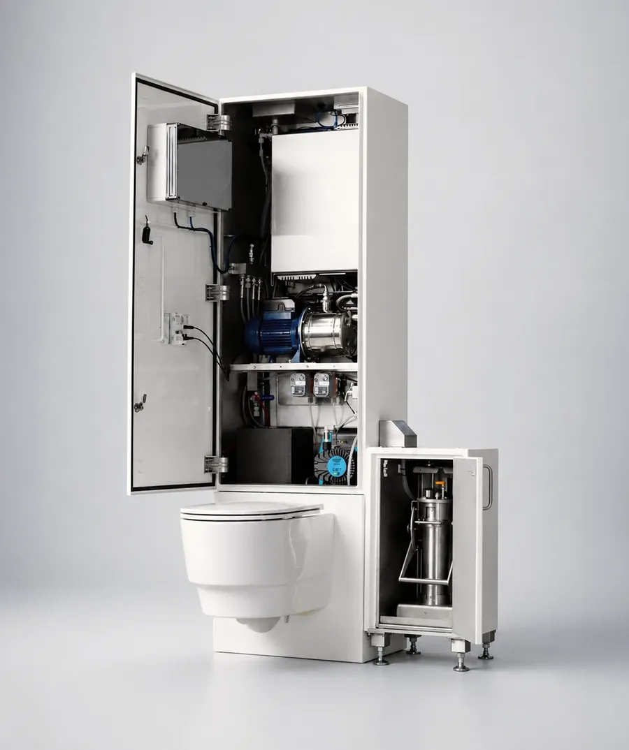 RadiCatch toilet filter system with open filter cabinet for nuclear medicine